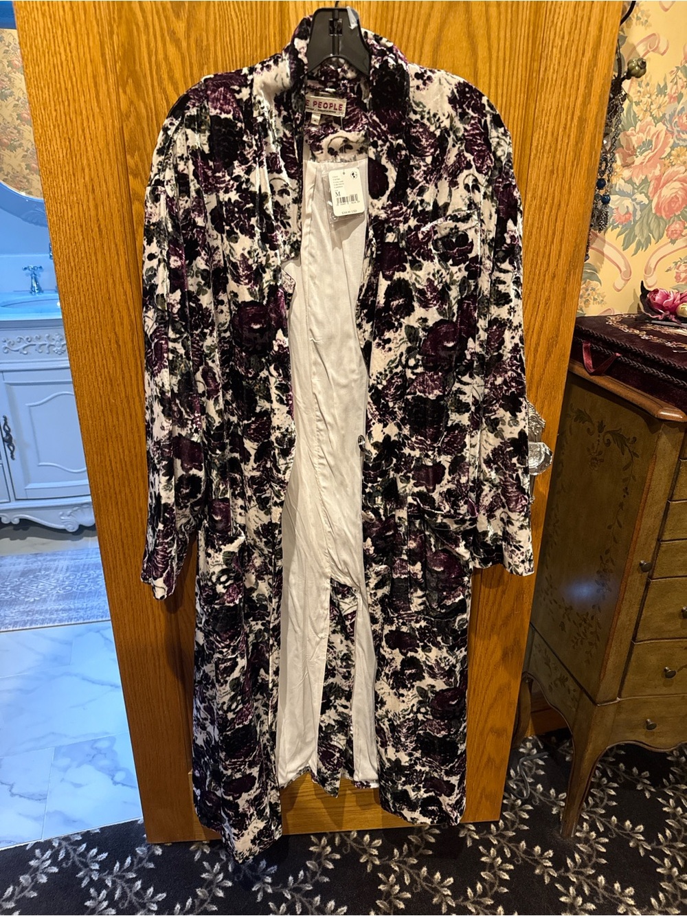 Free People Velvet Floral Duster Robe in Purple and White
